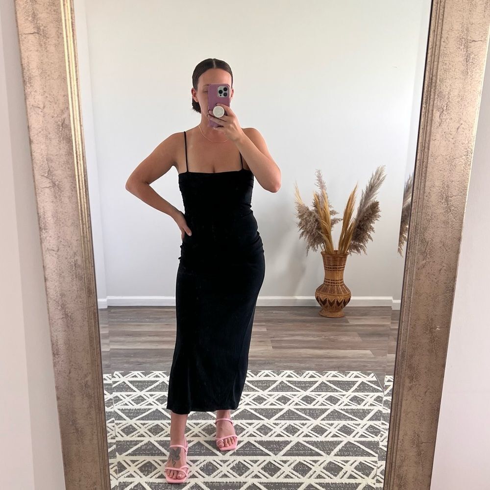 Vintage Y2K black square neck spaghetti strap midi dress w/ high back slit